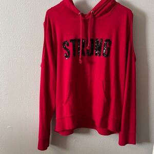 Red Hoodie with Sequin 'Strong' Design